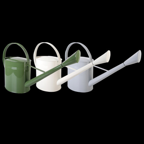 Set of 3 elegant 72cm outdoor watering cans in grey, cream, and green with ergonomic handles and removable nozzles for precise watering.