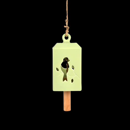 Set of 3 green ceramic and pinwood wind chimes, each 11 x 11 x 24cm, creating soothing sounds in outdoor spaces.