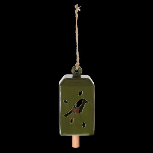 Exquisite set of 3 green wind chimes (11 x 11 x 24cm) crafted from ceramic and pinwood for soothing outdoor melodies.