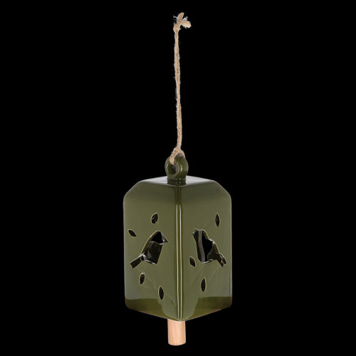 Set of 3 green ceramic and pinwood wind chimes, 11 x 11 x 24cm, creating soothing melodies for outdoor tranquility.