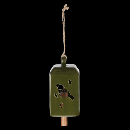 Set of 3 green wind chimes made of ceramic and pinwood, creating soothing melodies in outdoor spaces.