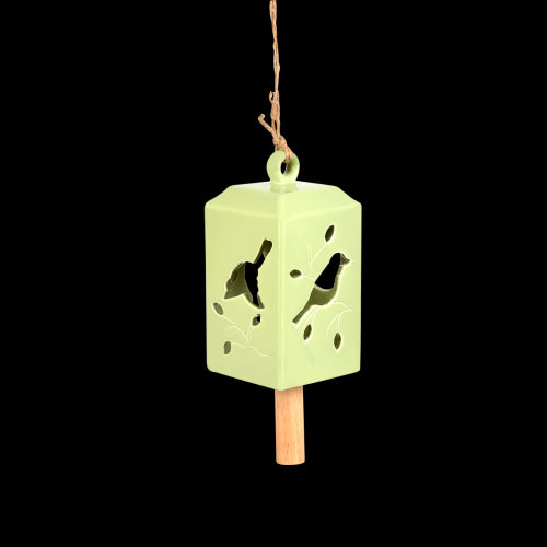 Set of 3 assorted green wind chimes, 11x11x24cm, crafted from ceramic and pinwood, creating soothing melodies outdoors.