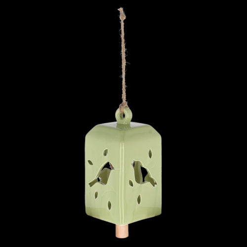 Set of 3 green ceramic and pinwood wind chimes, 11x11x24cm, creating soothing melodies in outdoor spaces.