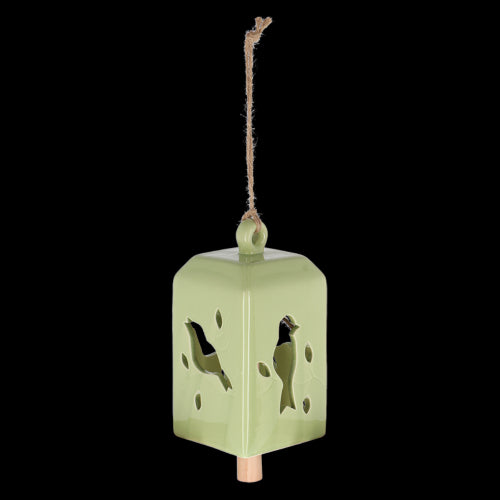 Three assorted green wind chimes, made of ceramic and pinwood, creating soothing sounds for outdoor serenity.