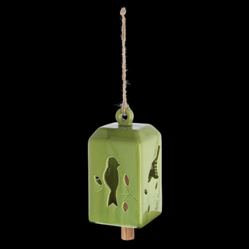 Set of 3 assorted green wind chimes, crafted from ceramic and pinwood, measuring 11 x 11 x 24cm, creating soothing melodies.