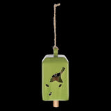 Set of 3 green ceramic and pinwood wind chimes, creating soothing sounds for outdoor tranquility. Each measures 11 x 11 x 24cm.