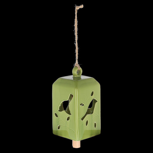 Set of 3 green ceramic and pinwood wind chimes, 11x11x24cm, creating soothing melodies for outdoor tranquility.