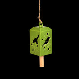 Set of 3 green ceramic and pinwood wind chimes (11 x 11 x 24cm) creating soothing sounds in outdoor spaces.