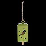 Set of 3 green ceramic and pinwood wind chimes, each 11 x 11 x 24cm, creating soothing melodies in any outdoor space.