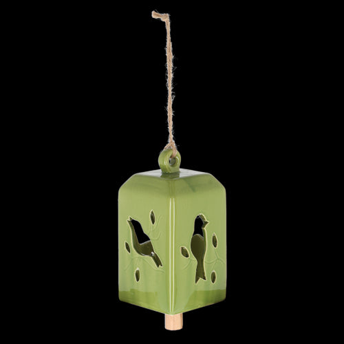 Set of 3 green ceramic and pinwood wind chimes, 11 x 11 x 24cm, creating soothing melodies in outdoor spaces.