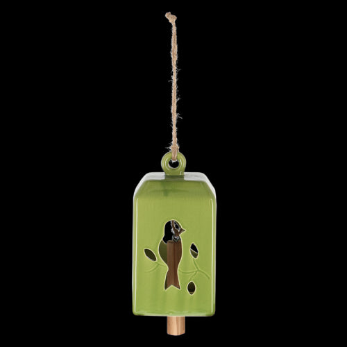 Set of 3 assorted green wind chimes made of ceramic and pinwood, creating soothing melodies for outdoor tranquility.