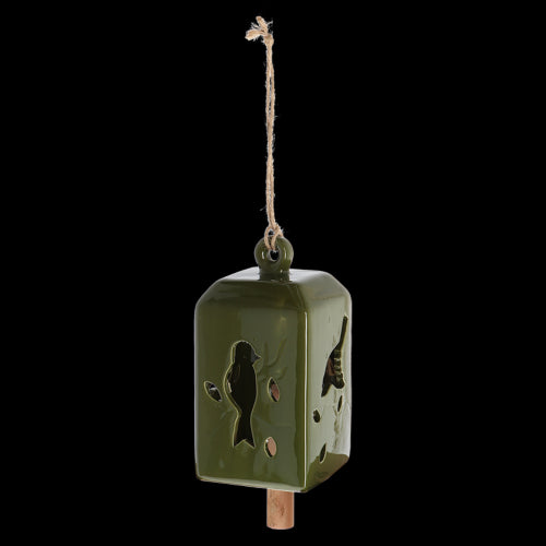 Set of 3 green wind chimes in assorted designs, crafted from ceramic and pinwood, creating soothing melodies outdoors.