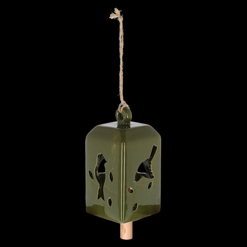 Serene green wind chime set of 3, 11x11x24cm, made of ceramic and pinwood, creating soothing melodies in any outdoor space.