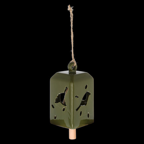 Set of 3 green wind chimes made of ceramic and pinwood, creating soothing melodies in outdoor spaces.