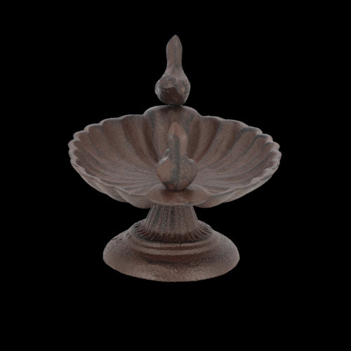 Decorative bird bath with two perched birds, elevating water source for garden birds, measures 23 x 14 x 13cm.