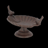 Decorative bird bath on foot with two perched birds, providing a safe water source for garden birds, measuring 23 x 14 x 13cm.