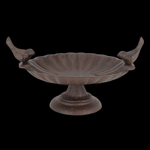 Bird bath on foot with two decorative birds, 23 x 14 x 13cm, providing water and feeding space for garden birds.