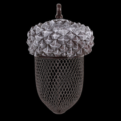 Stylish acorn-shaped bird feeder for nuts, crafted from durable PVC and iron, perfect for attracting diverse garden birds.