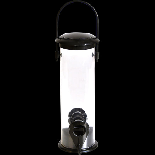 Black seed bird feeder, 22cm tall, designed to attract garden birds with a stylish black look and weatherproof features.