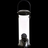 Black seed bird feeder, 22cm tall, designed to attract garden birds with a stylish black look and weatherproof features.