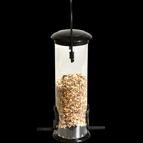 Sleek black bird feeder (22cm) designed to keep seeds dry, featuring a perch for easy access by garden birds.