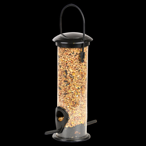 Sleek black bird feeder for various garden birds, featuring a protective design and easy access perch for feeding.