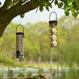 Sleek black bird feeder (22cm) for garden birds, keeps seeds dry, features a perch, easy to refill, made from durable materials.