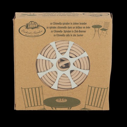 Citronella coils and zinc burner with metal holder, 14 x 14 x 3cm, for natural insect repellent during outdoor activities.