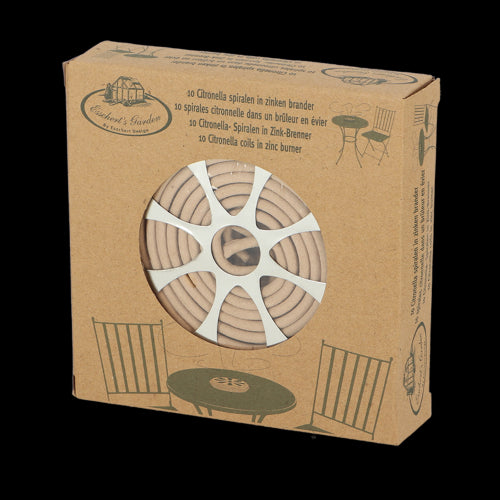 Citronella coils in a zinc burner for natural insect repellent, includes metal holder and 10 coils, dimensions 14 x 14 x 3cm.