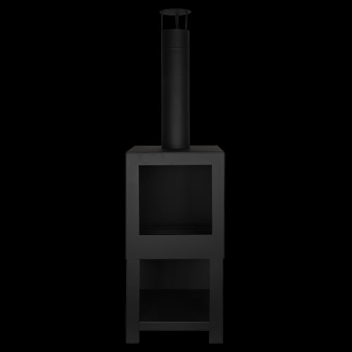 Black terrace heater with wood storage, 136 cm tall, blends modern design with outdoor warmth for cozy gatherings.