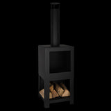 Black terrace heater with storage, 136 cm tall, for outdoor warmth and style, perfect for gardens and patios.