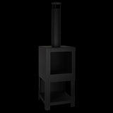 Black terrace heater with wood storage, 136cm tall, enhancing outdoor spaces with warmth and modern design.