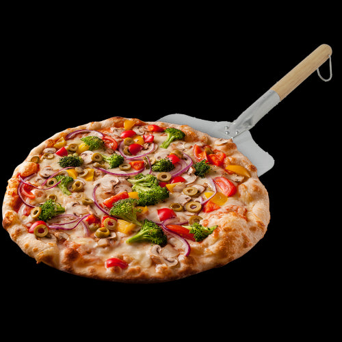 Premium stainless steel pizza peel for easy transfer of pizzas, featuring a handy hanging loop and sleek design.