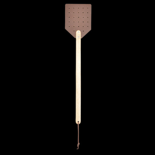 Set of 4 leather fly swatters with 51cm wooden handles for effective pest control in homes and outdoor settings.