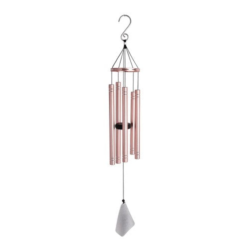 Elegant 36-inch rose gold wind chime with varying tube lengths and wooden centerpiece, creating soothing outdoor melodies.