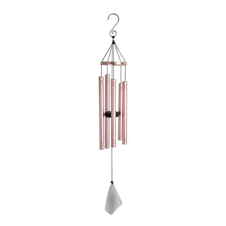 Elegant 36-inch rose gold wind chime with varying tube lengths and wooden centerpiece, creating soothing outdoor melodies.