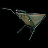 Foldable wheelbarrow with compartments for easy tool storage, ideal for light gardening and outdoor projects.