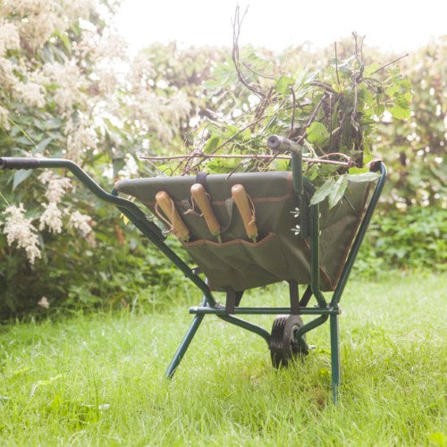 Foldable wheelbarrow with compartments for garden tools, lightweight design for easy storage, perfect for light gardening tasks.