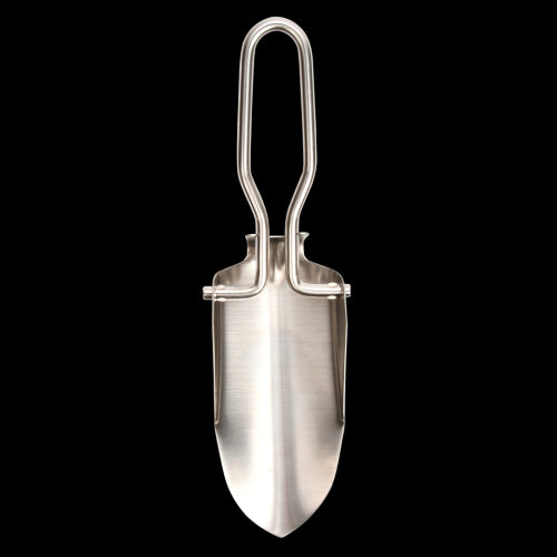 Compact foldable hand shovel made of stainless steel, ideal for small potting jobs and easy storage.