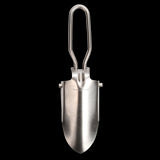 Compact foldable hand shovel made of stainless steel, perfect for indoor and outdoor potting tasks. Ideal for small spaces.