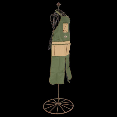 Stylish garden apron with split, featuring adjustable straps, spacious pockets, and extra length for knee protection.