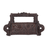 Set of 6 vintage-style cast iron drawer pulls with label holders for stylish home organization and easy access.