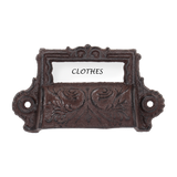 Set of 6 cast iron drawer pulls with label holders, combining vintage charm and practicality for stylish organization.
