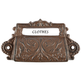Set of 6 vintage-style cast iron drawer pulls with label holders, perfect for enhancing home decor and organization.