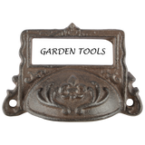 Vintage cast iron drawer pulls with label holders, set of 6, ideal for stylish organization and home decor enhancement.