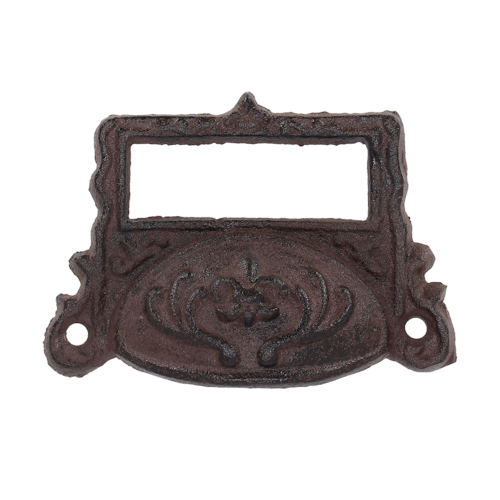 Set of 6 cast iron drawer pulls with label holders, showcasing vintage charm and easy installation for stylish organization.