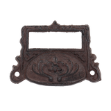 Set of 6 cast iron drawer pulls with label holders, showcasing vintage charm and easy installation for stylish organization.