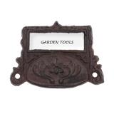 Vintage cast iron drawer pulls with label holders, set of 6, perfect for elegant home organization and decor.