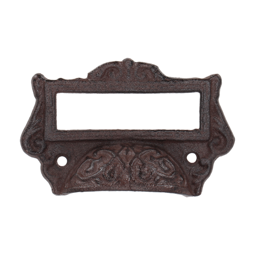 Set of 6 vintage-style cast iron drawer pulls with label holders, ideal for stylish organization and classic decor.