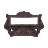 Set of 6 vintage-style cast iron drawer pulls with label holders, ideal for stylish organization and classic decor.